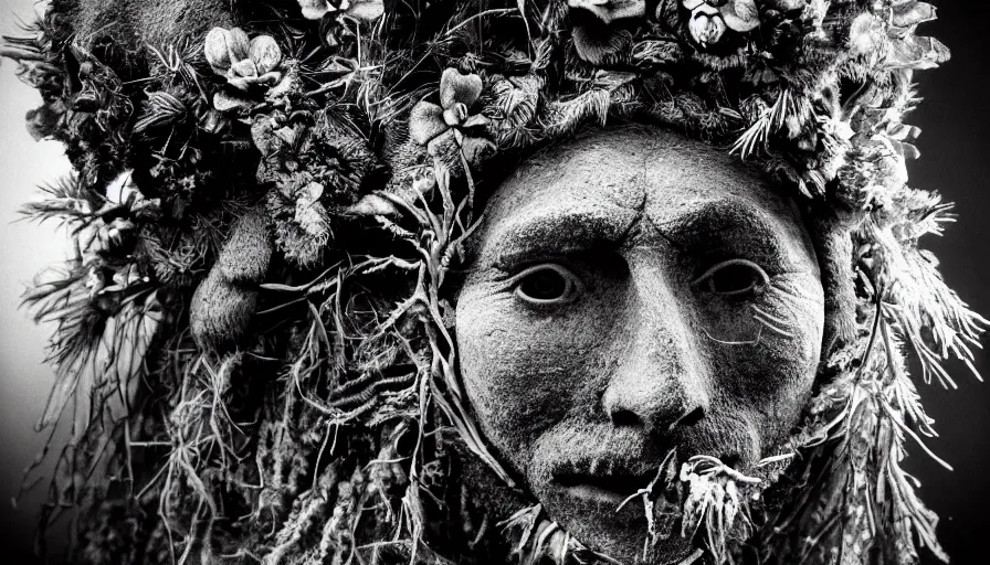 Prompt: portrait of a tyrolean folklore mask, dolomite, forest, wearing hay coat, with horns, eerie, flowers growing out of his body, detailed intricate insanely detailed octane render, 8k artistic 1920s photography, black and white, grainy, photorealistic, chiaroscuro, by David Cronenberg, Raphael, Caravaggio