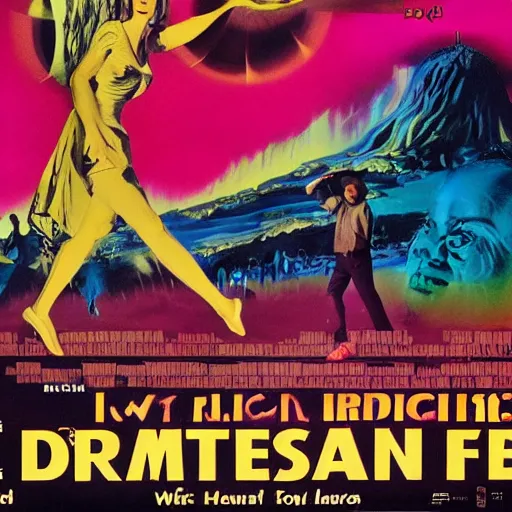 Image similar to vintage psychedelic movie poster, surreal, dreamlike,