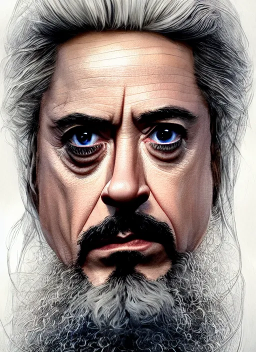 Image similar to robert downey jr. as evil saurman the white, long white hair and beard, by alan lee, lord of the rings, smooth, oil painting, matte painting, concept art, trending on artstation, promotional artwork, film still, elegant, photorealistic facial features, intricate, detailed face, cinematic lighting