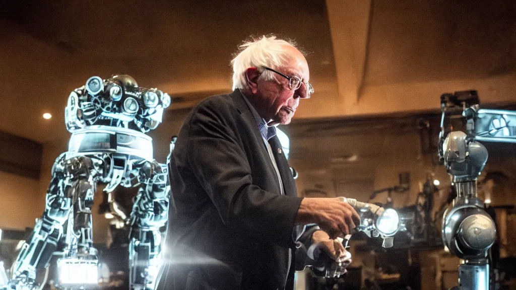 Prompt: bernie sanders putting the finishing touches on a complex magical clockwork doomsday robot, cinematic moody lighting, sharp focus, imax