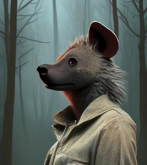 Image similar to foggy dirt road portrait of furry anthro anthropomorphic spotted hyena head animal person fursona wearing clothes horror gloomy digital art bokeh depth of field photo by Greg Rutkowski, Simon Stalenhag, christopher nolan trending on Artstation, CGSociety