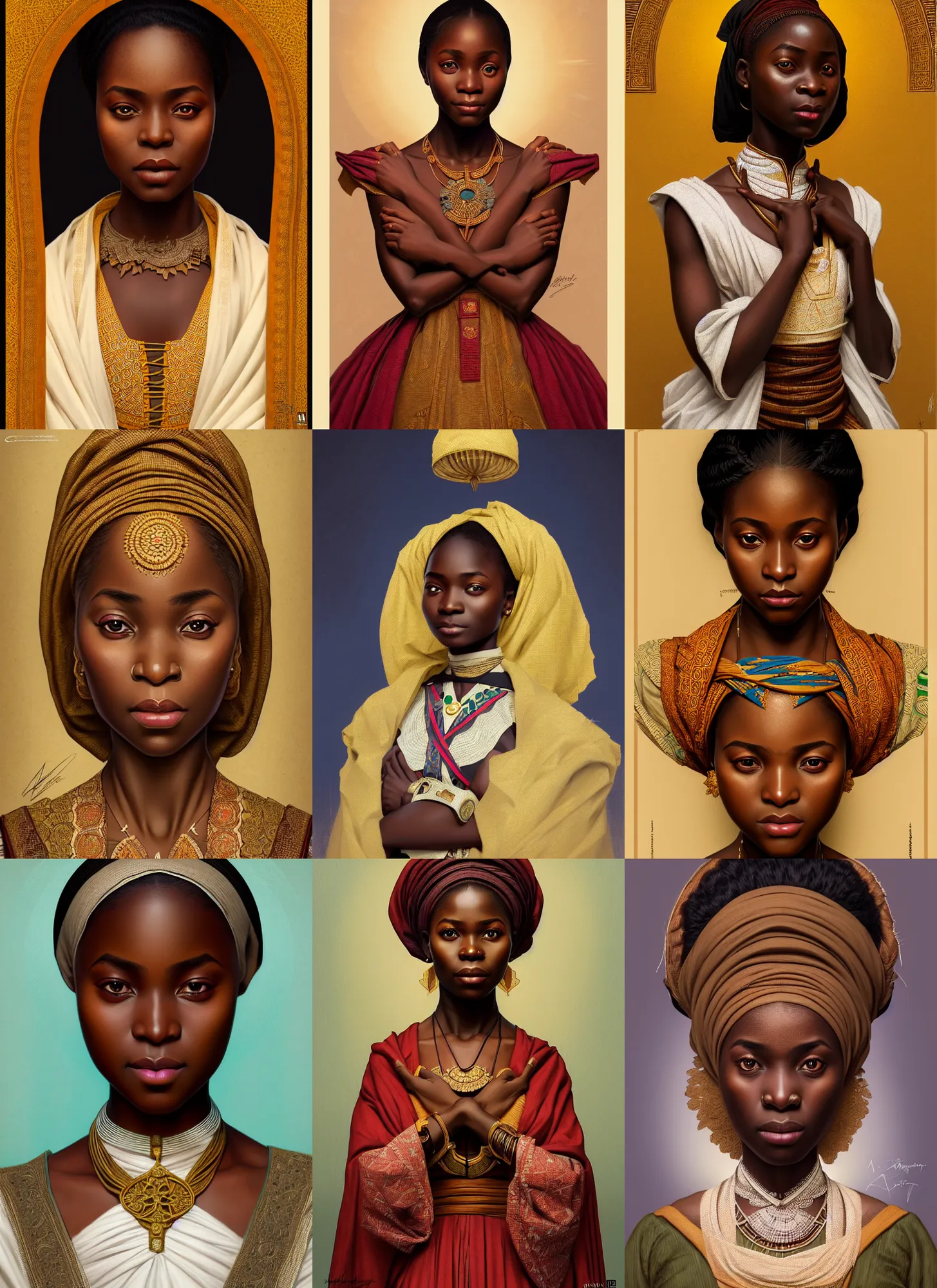 Prompt: symmetry!! portrait of 1 5 0 0 ac nigerian girl in historical nigerian clothing, historical, intricate, highly detailed, dynamic lighting, digital art, digital painting, artstation, wlop, sharp focus, illustration, art by artgerm and greg rutkowski and alphonse mucha, 8 k