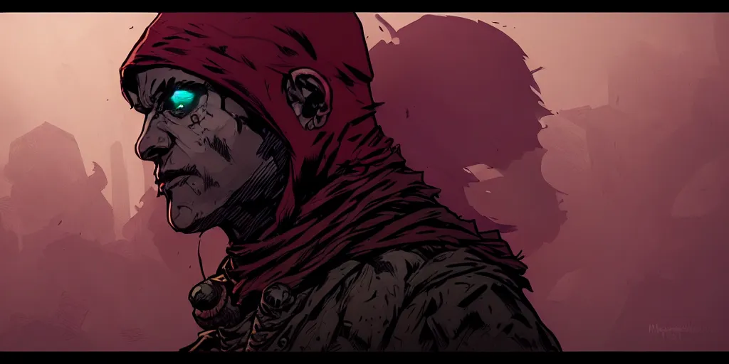 Image similar to rogue character portrait, sprite, hood, darkest dungeon, pc game, sideview, art by moebius and greg rutkowski.