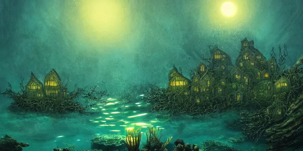 Image similar to nighttime underwater village of carved houses and green kelp and plants and coral under gentle aquatic moonlight, award winning art, epic dreamlike fantasy landscape, art print, science fiction, ultra realistic,