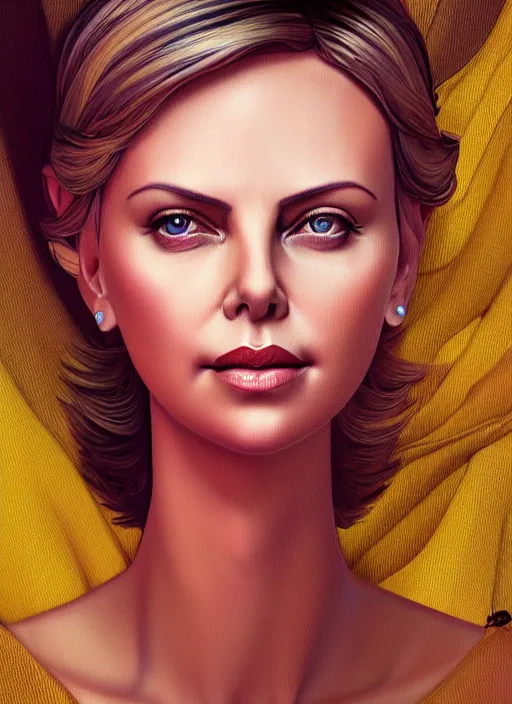 Image similar to charlize theron as a barbie doll, path traced, highly detailed, high quality, digital painting, alena aenami, lilia alvarado, shinji aramaki, karol bak, alphonse mucha, tom bagshaw