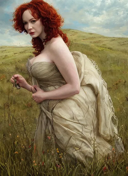 Image similar to Christina Hendricks taking a rest in a meadow after an long adventure, a ruggedly muscled handsome heroine, intricate, elegant, highly detailed, centered, digital painting, artstation, concept art, smooth, sharp focus, illustration, artgerm, donato giancola, Joseph Christian Leyendecker, WLOP, Artgerm, thunder storm