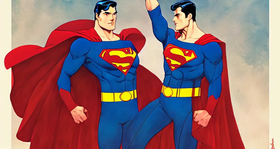 Image similar to superman and batman, in the style of studio ghibli, j. c. leyendecker, greg rutkowski, artgerm