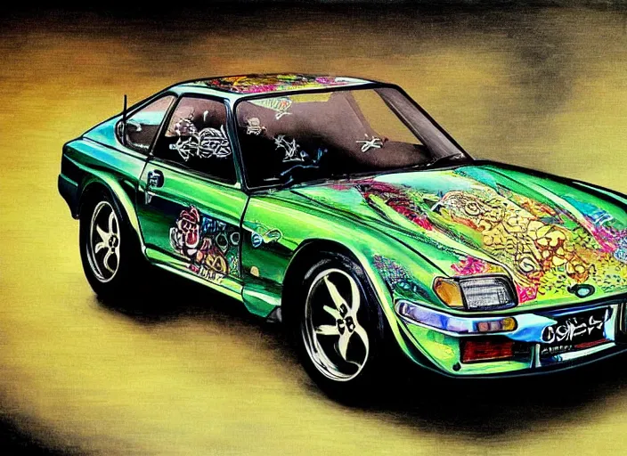 Image similar to beautiful yoshitaka amano art of a datsun fairlady roadster detailed painting