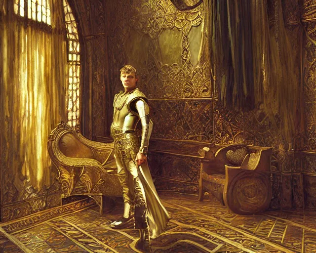 Image similar to attractive arthur pendragon, posing in the throne room of camelot highly detailed painting by gaston bussiere, craig mullins, j. c. leyendecker