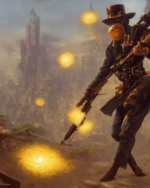 Image similar to oil painting of Anthropomorphized Monkey Sniper, holding steampunk gun, sharp focus, exploding golden steampunk city background, full body, heroic pose, fantasy style, octane render, volumetric lighting, 8k high definition, by greg rutkowski, highly detailed, trending on art Station, magic the gathering artwork, centered, dramatic artwork, combat scene