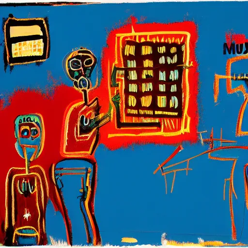 Prompt: A painting of rioters lighting fires to stores at night by Jean-Michel Basquiat, 8K concept art, menacing, blue