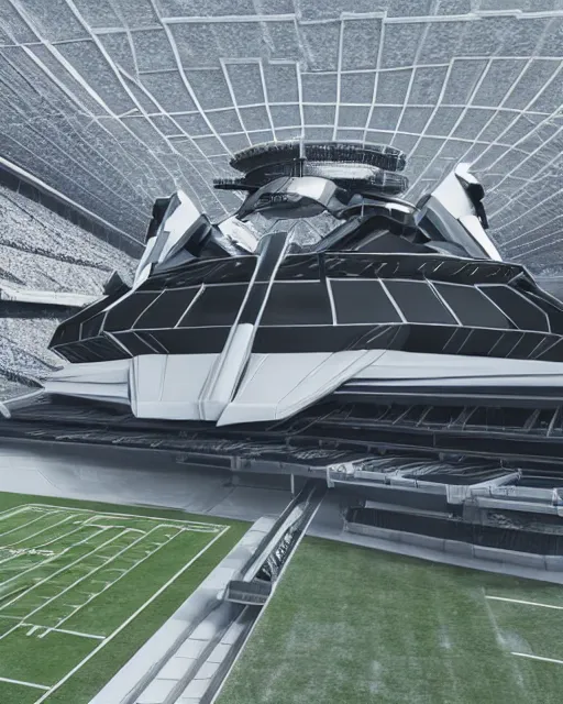 Prompt: a futuristic stadium with a giant black and white gundam on the field, unreal engine, hyper realism, realistic shading, cinematic composition, realistic render, octane render, detailed textures, photorealistic, wide shot