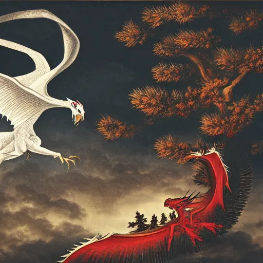 Image similar to a black eagle with red eyes and an ethereal white dragon fighting each other over a spruce tree forest