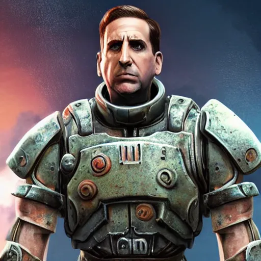 Image similar to Michael Scott in a fallout power armor, fallout4, rtx, raytracing, unreal engine, hyper realistic, sun rays