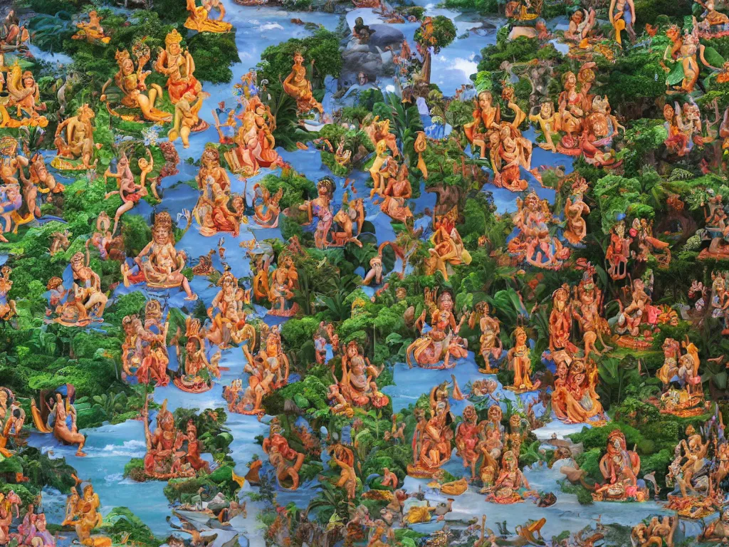 Image similar to tropical island street gradually merging with Hindu gods, michaelangelo style