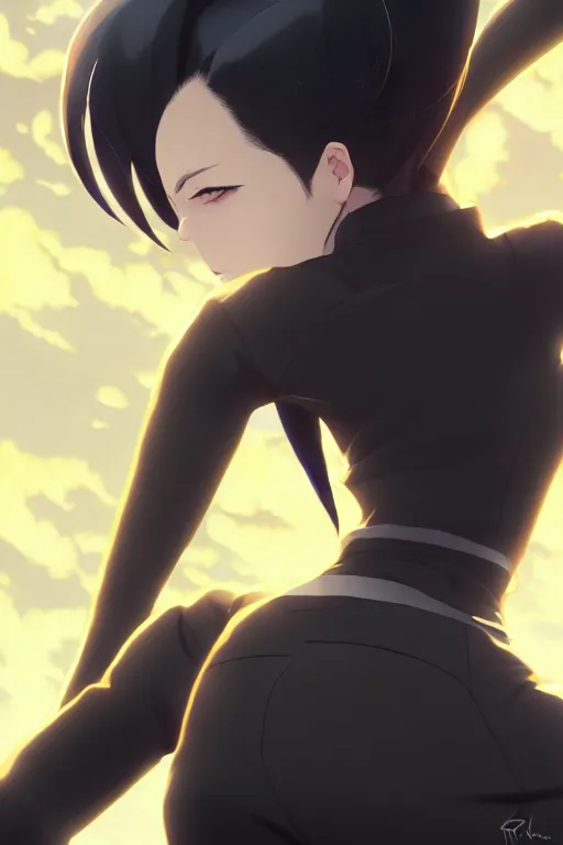 Image similar to black ponytail hair, pale woman in a black zipper jacket, yellow eyes, by artgerm, hair tied in a ponytail, black background, cinematic color grading, fighting pose, dynamic angle, by greg rutkowski makoto shinkai takashi takeuchi