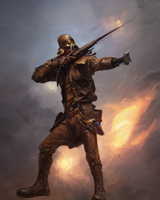 Image similar to oil painting of a Steampunk Sharpshooter Warrior, sharp focus, holding a sniper rifle, heroic pose, fantasy style, octane render, volumetric lighting, 8k high definition, by greg rutkowski, highly detailed, trending on art Station, magic the gathering artwork, Battlefield backround, centered