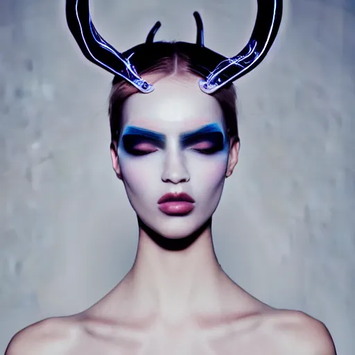 Prompt: high fashion photography of a model in neo futurism white sci - fi makup wearing antlers, transparent cloth, beautifully lit