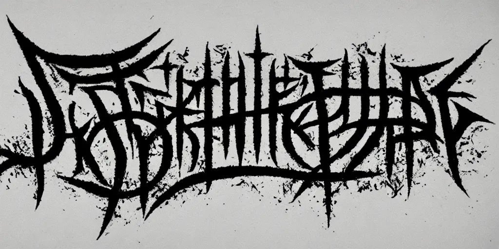 Image similar to masterpiece, symmetrical darkthrone logo calligraphy by thomas bokler, behance, white letters on black background