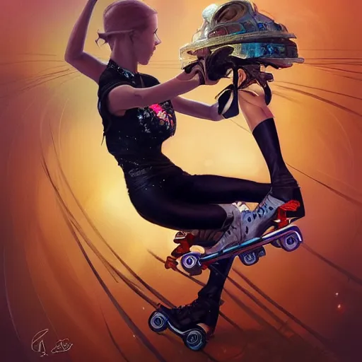 Image similar to a spider is rollerskating, rollerskates, highly detailed, digital painting, artstation, concept art, smooth, sharp focus, illustration, art by artgerm and greg rutkowski and alphonse mucha