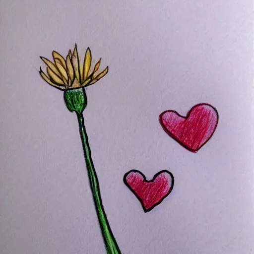 Image similar to A drawing of wind blowing a gentle flower with hearts. Some hearts are flying away from the plant in the background with the wind