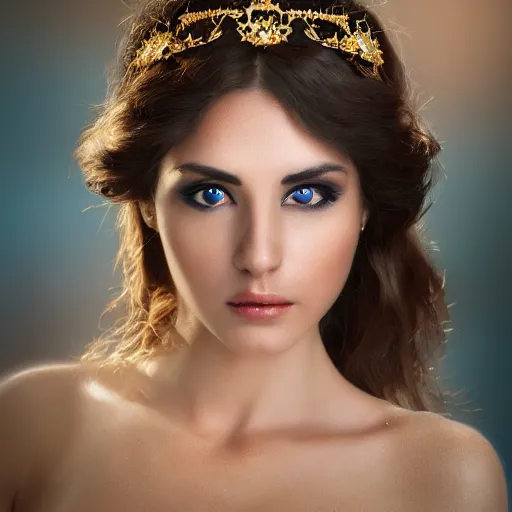 Image similar to a photographic masterpiece portrait of an fantasy beautiful 30 years old princess, with emotional open eyes, with a deep blue sapphire and gold small diadem, seductive eyes, warmer and softer colours, more tan face, lighter brown hair, cinematic light, bokeh, by Danny Battista, canon 50mm, high aperture, artstation