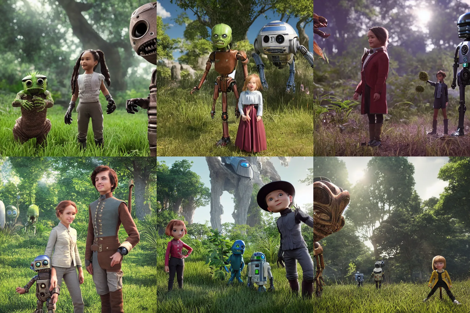 Prompt: a girl and a boy standing next to some alien plants, looking happy, wearing civil war era clothes, their pet droid is nearby, while a small cute alien creature is standing behind them, in a park on a alien planet, ultra realistic facial details, enhanced faces, ultra photorealistic raytracing, 8k