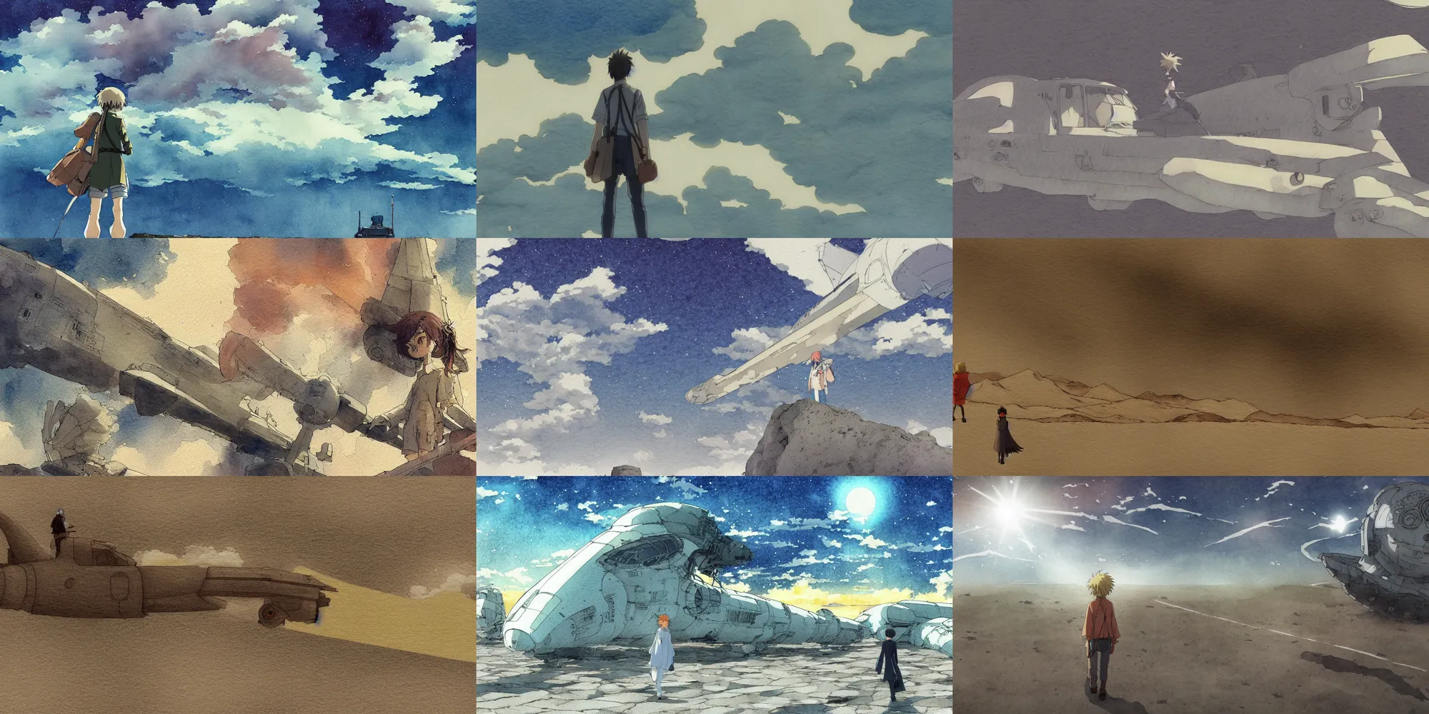 Prompt: anime movie screenshot, paper texture, ( ( detailed watercolor ) ) one lonely character by tatsuyuki tanaka, vanishing point, by ghibli!!! nausicaa!!, desert!!!, crashed starship, rim light, long shadows, bright, miyazaki, vibrant, motion, airship, gloomy, dark, fire flies