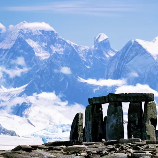 Prompt: stonehenge at the top of everest, with pyramids visible at the horizon