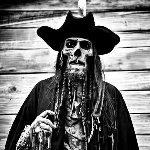 Image similar to masterpiece portrait photo a dirty skull masked hunched old slim pirate lord with a black hat, long beard, long hair, black coat, ragged and torn, wooden inn by torchlight, dslr, cinematic, photography, sigma lens 7 0 mm