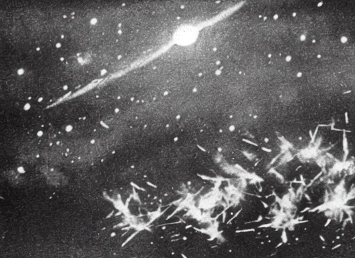 Image similar to vintage film still of the moon exploding shattering fragments in the sky around the exploding moon over new york city in the 1 9 2 0 s from the old sci - fi movie