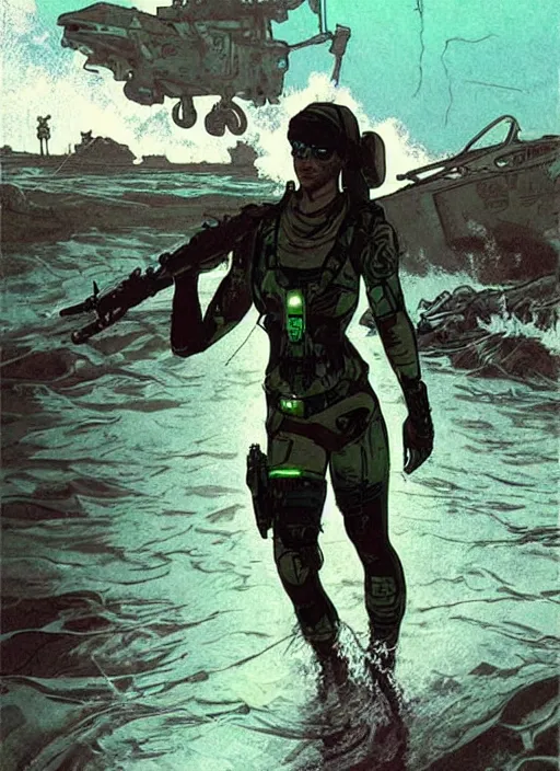 Image similar to Sonya. USN blackops operator emerging from water at the shoreline. Agent wearing Futuristic stealth suit and looking at an abandoned shipyard. rb6s, MGS, and splinter cell Concept art by James Gurney, Alphonso Mucha. Vivid color scheme.