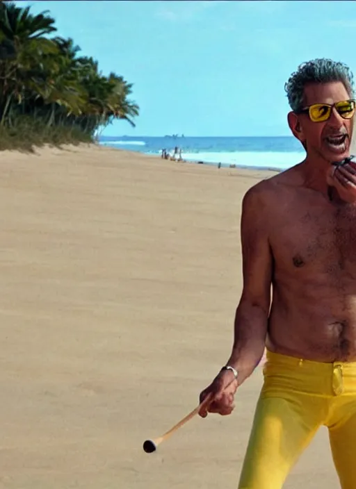 Image similar to jeff goldblum playing maraca pineapple as a banana on the beach