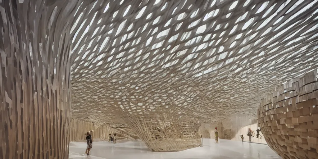 Prompt: a beautiful futuristic museum made out of translucent wood