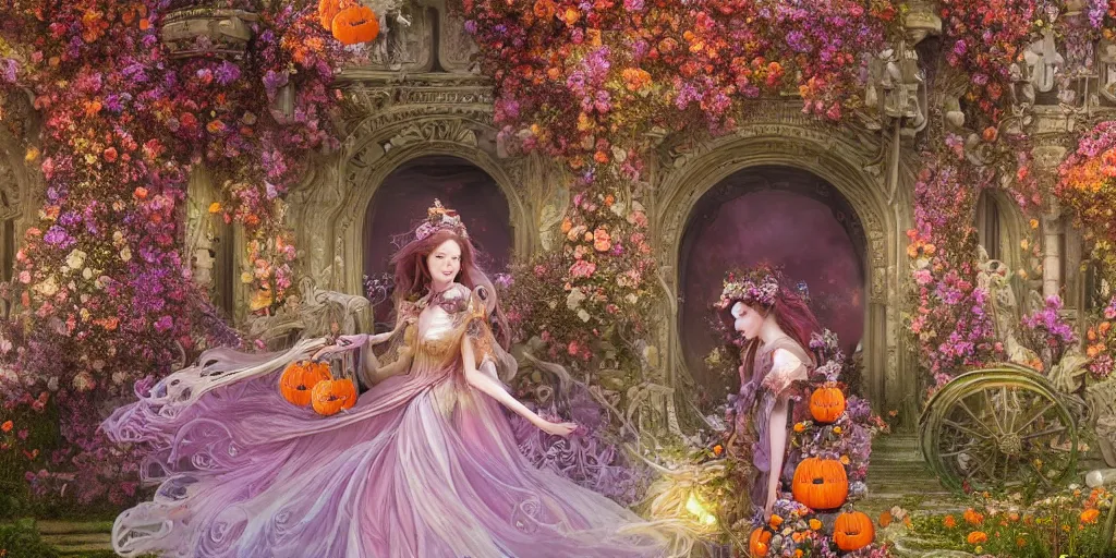 Image similar to fairytale princess with lovely detailed face entering the gates of her majestic palace of flowers while it explodes , with horse driven , carriage made of pumpkins , epic scene unreal render depth of focus blur hyperrealistic detail Star Wars mucha Alice Tim burton fantasy art behance