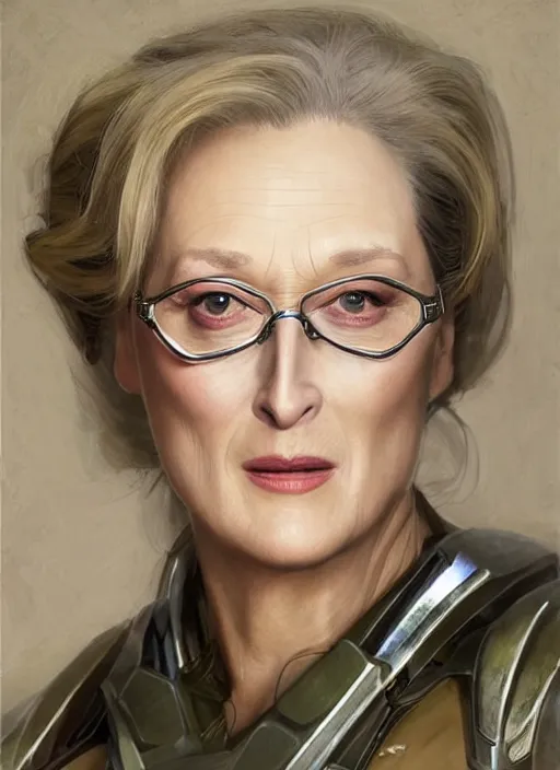 Image similar to a professional painting of a beautiful Meryl Streep, clothed in military armor, olive skin, long dark hair, beautiful bone structure, symmetrical facial features, intricate, elegant, digital painting, concept art, smooth, sharp focus, illustration, from Metal Gear, by Ruan Jia and Mandy Jurgens and Artgerm and William-Adolphe Bouguerea