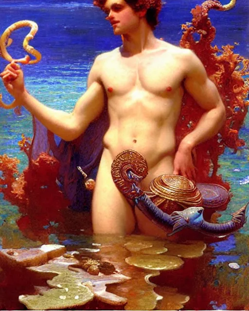 Image similar to attractive god neptune speaking with the aquatic life, painting by gaston bussiere, craig mullins, j. c. leyendecker,