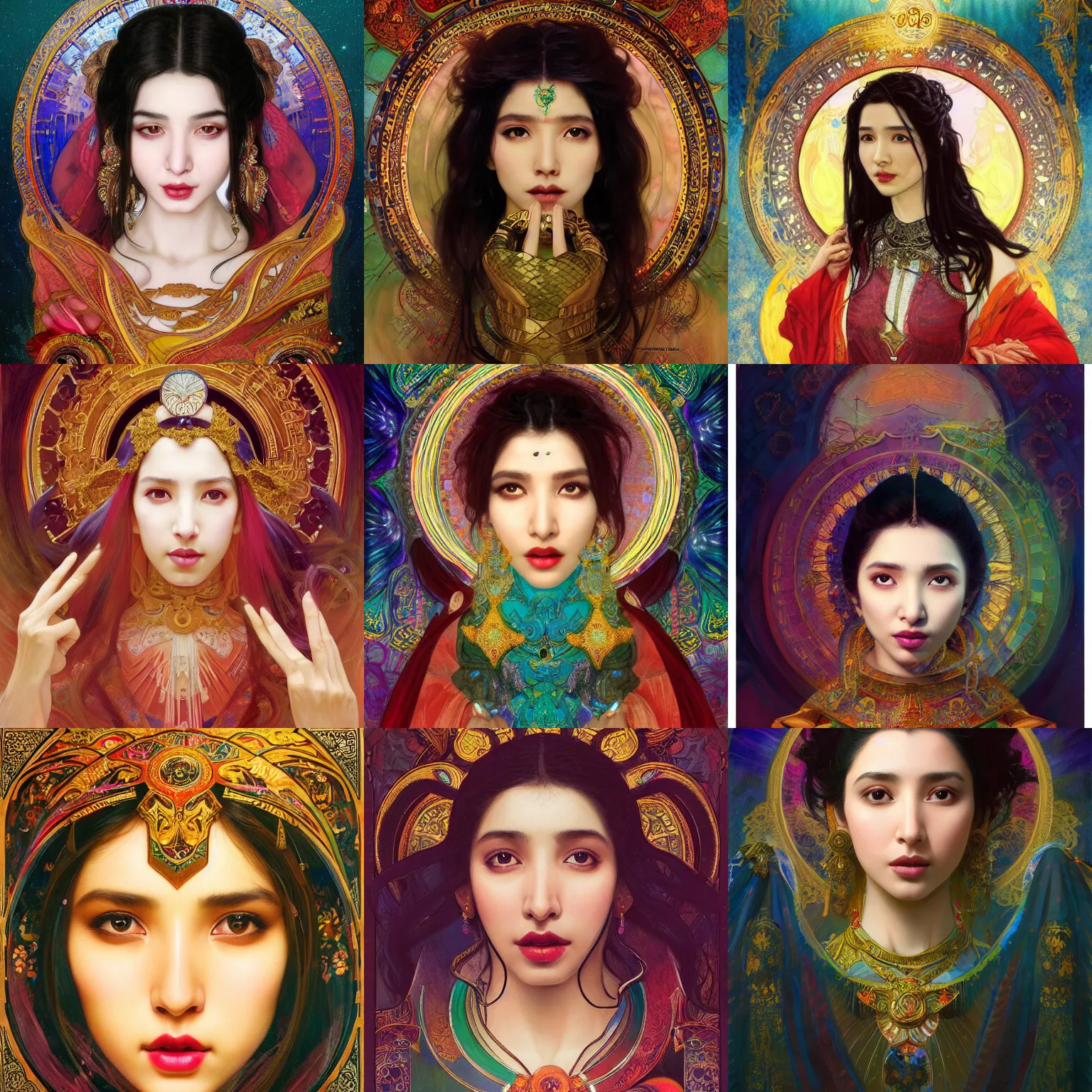 Prompt: masterpiece head-on symmetrical centered painted portrait, Mahira Khan as a mage, Elden Ring class, black hair, indian, glorious, wearing colourful robes, glowing stained glass backdrop, elegant, in the style of Ruan Jia and Artgerm and Edgar Maxence and Ross Tran and Alphonse Mucha and Ayami Kojima and Charlie Bowater and Greg Rutkowski and Karol Bak and Jean Delville, Art Nouveau, Pre-Raphaelite, Neo-Gothic, gothic, Art Nouveau, rich deep moody colors, 8k, specular highlights, octane render