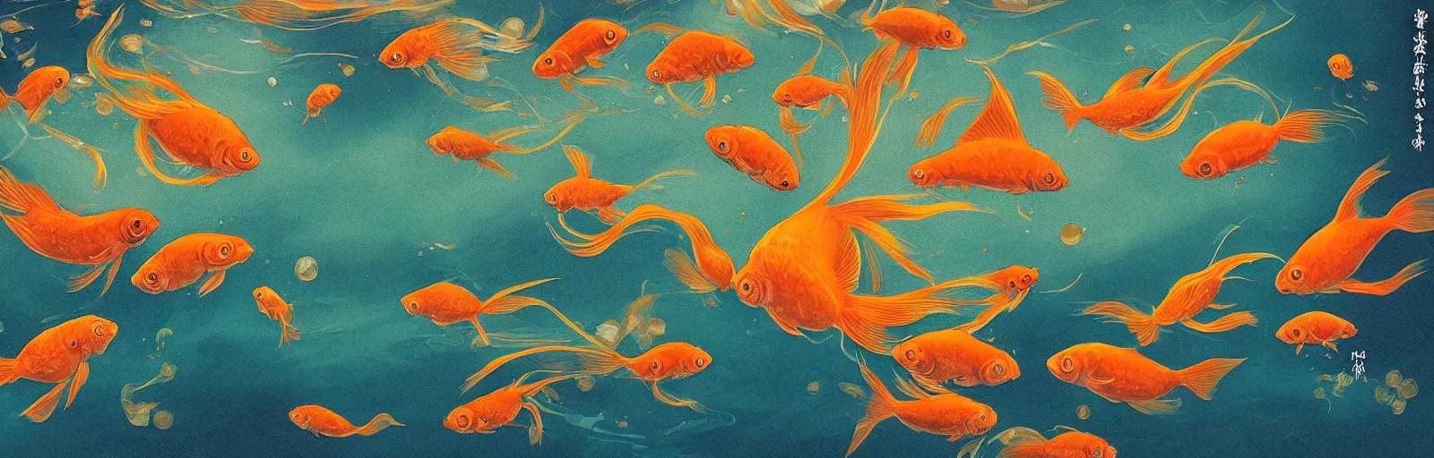 Prompt: An aesthetically pleasing, dynamic, energetic, lively, well-designed digital art of goldfish in a pond viewed from underwater, by Ohara Koson and Thomas Kinkade, Traditional Japanese colors, superior quality, masterpiece, excellent use of negative space. 8K, superior detail, widescreen.