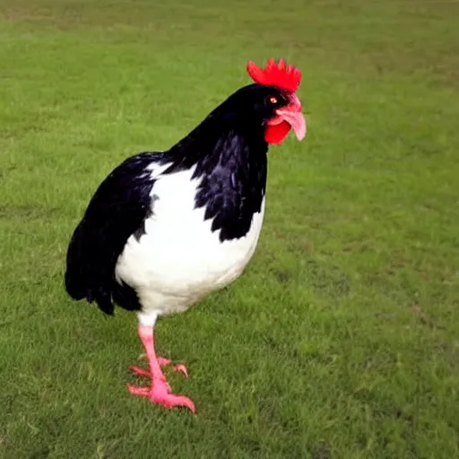 Prompt: an all black chicken spotted with small white heart shapes