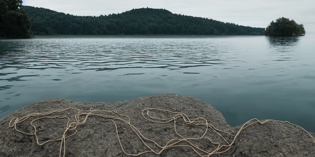 Prompt: centered photograph of a single line of thick long rope zig zagging stretched out into the water floating across the surface of the water into the distance, floating submerged rope stretching out towards the center of the lake, a dark lake on a cloudy day, color film, beach rocks and trees in the background, hyper - detailed photo, anamorphic lens
