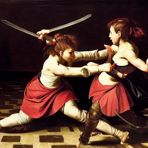 Image similar to two young girls fighting in an arena with swords, blood is splattering, highly detailed painting by the caravaggio 8 k