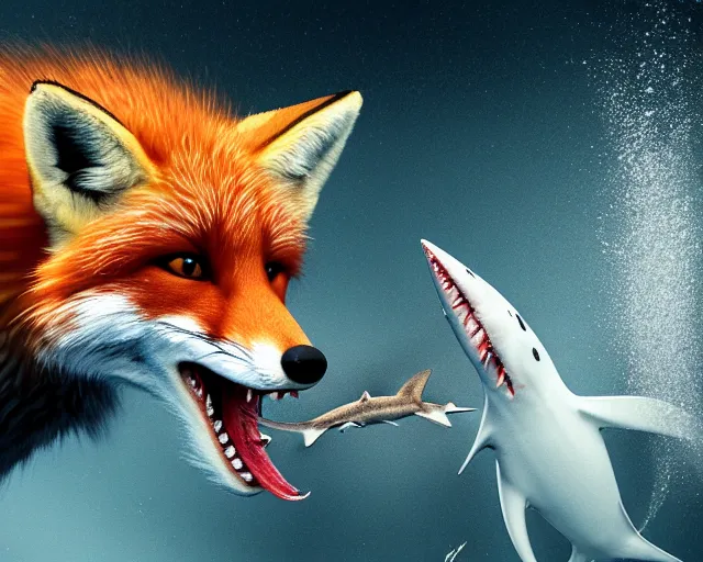 Image similar to a portrait of a fox eating a shark, cinematic, 8 k, raytracing, fantasy artwork, detailed, realistic