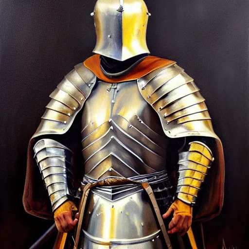 Image similar to beautiful oil portrait painting of alwyte armor, medieval armor, knight, natural light, outside