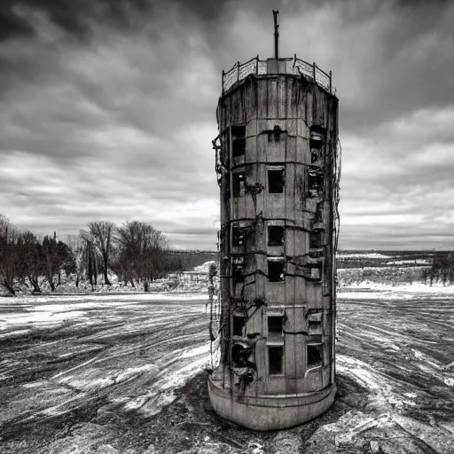 Image similar to a distorted post-apocalyptic landscape with a singular concrete military tower near the frozen lake hd 8k photo big lake high tower