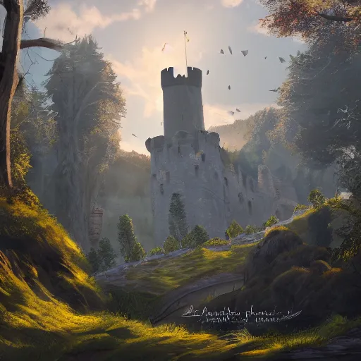 Prompt: very impressive medieval castle in very beautiful valley with trees, perspective, trending on artstation, cinematic, nice lighting, 4k digital art