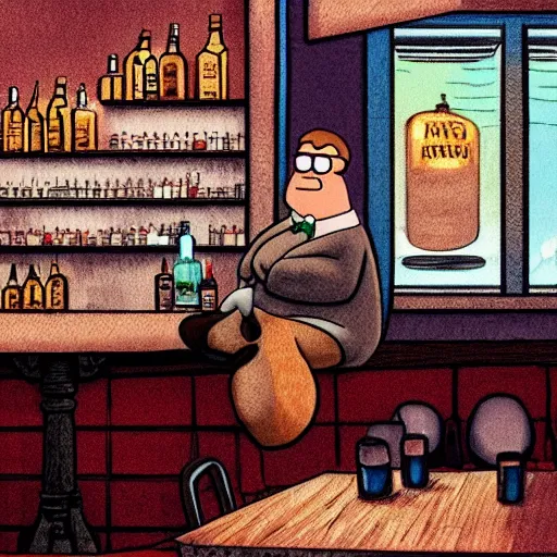 Prompt: Peter Griffin wearing Lois outfit sitting in a bar, lonely, looking sad, trending on artstation