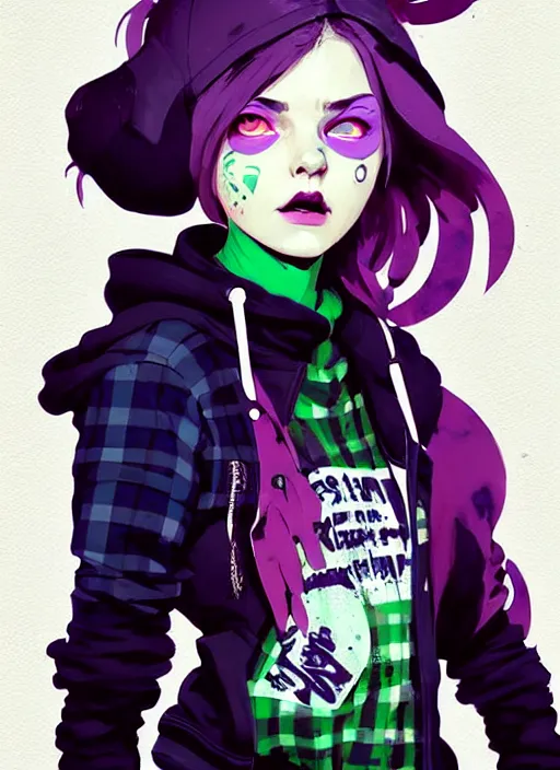 Image similar to highly detailed portrait of a sewer punk lady student, blue eyes, tartan hoody, purple hair by atey ghailan, by greg rutkowski, by greg tocchini, by james gilleard, by joe fenton, by kaethe butcher, gradient green, black, brown and magenta color scheme, grunge aesthetic!!! ( ( graffiti tag wall background ) )