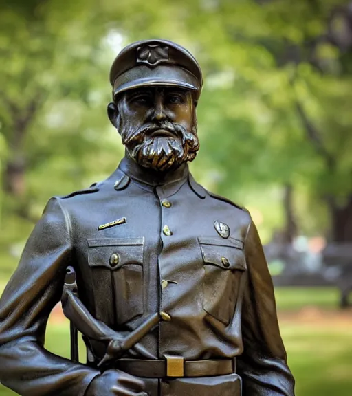 Prompt: a 4 k photorealistic photo medium shot waist up of a bronze statue of a young american soldier with a beard in a park