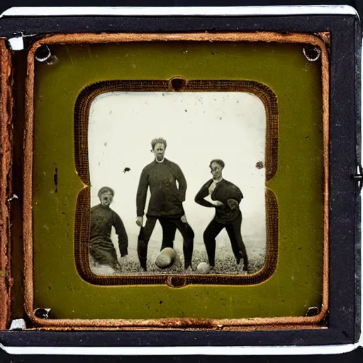 Image similar to daguerreotype photograph of zombies playing soccer